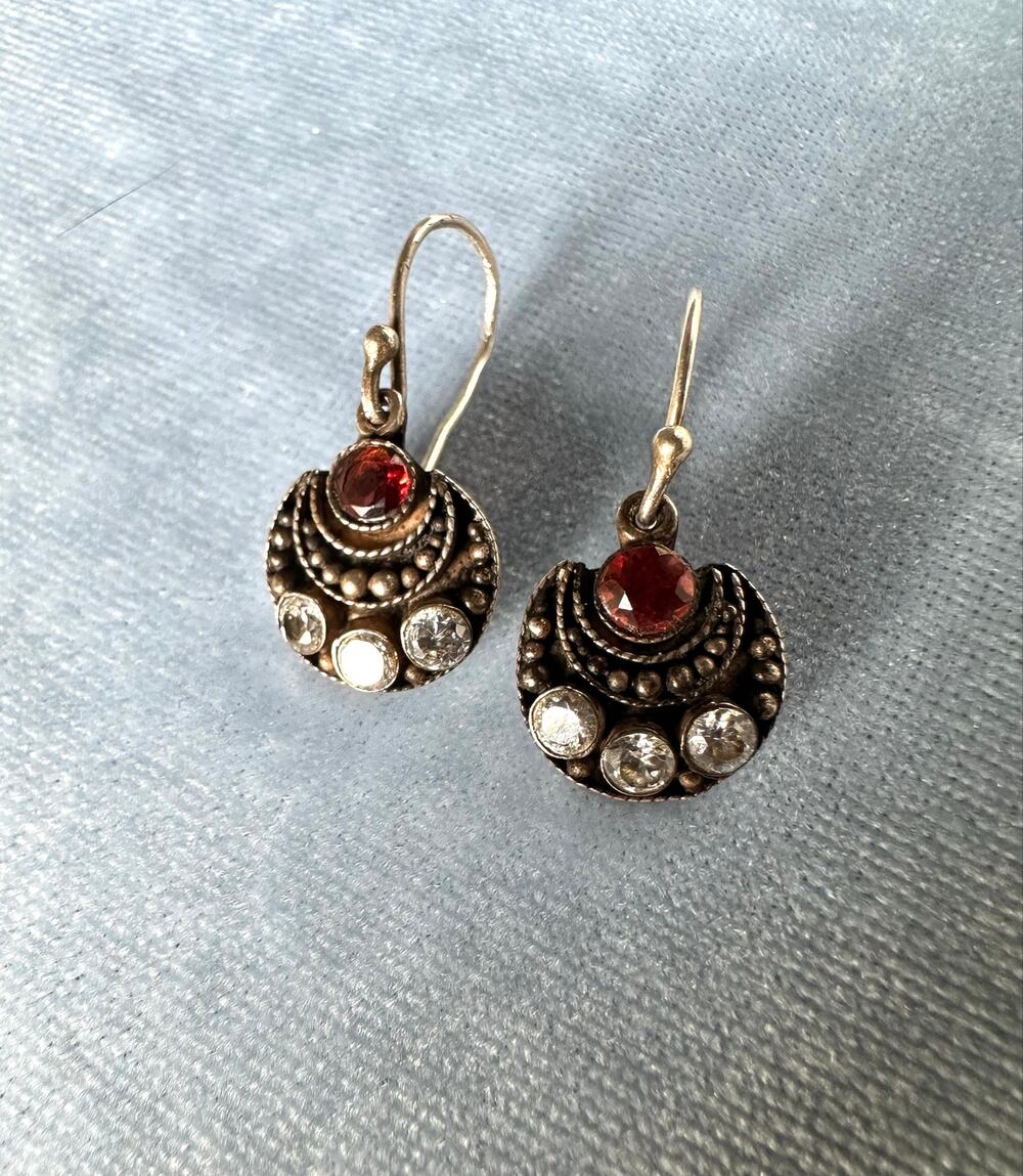 Vintage Sterling Silver Garnet Paste Dangle Earrings Antique Victorian Style 925